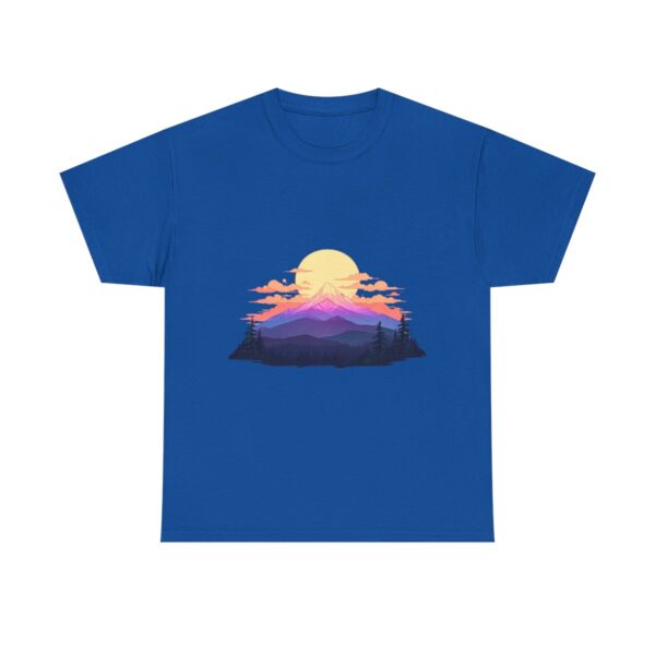 Unisex heavy cotton tee with a peaceful sunrise over mountains design