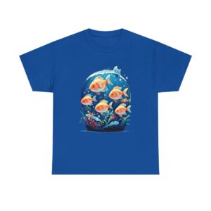 Unisex heavy cotton tee with tropical fish swimming in an aquarium design