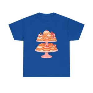 Unisex heavy cotton tee with a bakery display of assorted pastries on a pink stand design