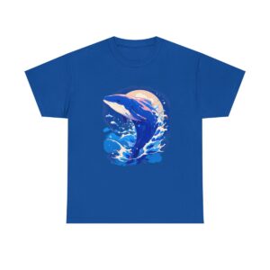 Blue whale breaching with a sunset background design on a T-shirt