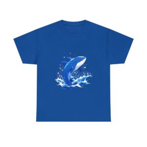 Blue whale breaching out of water design on a T-shirt