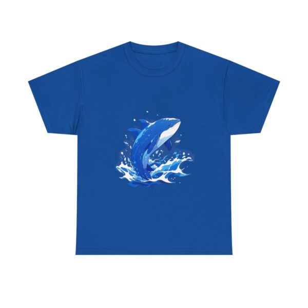 Blue whale breaching out of water design on a T-shirt