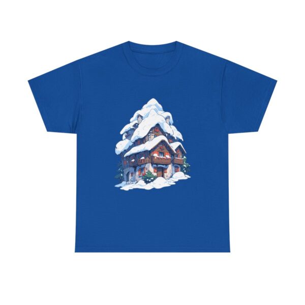 Unisex Tee with a snow-covered alpine village design