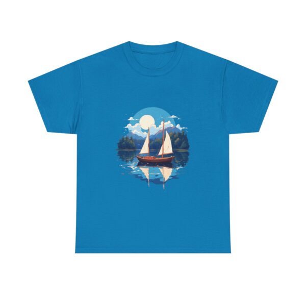 Unisex tee with a boat sailing on a sunny lake design