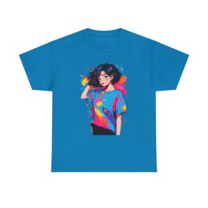 Unisex heavy cotton tee with an illustration of a person wearing a vibrant abstract painting design shirt