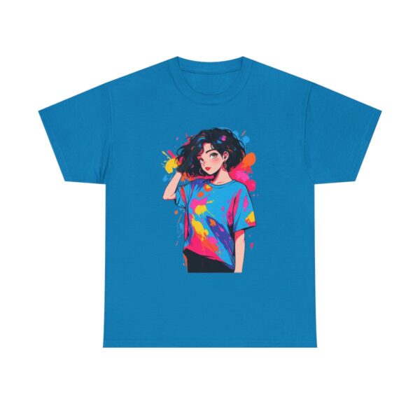 Unisex heavy cotton tee with an illustration of a person wearing a vibrant abstract painting design shirt