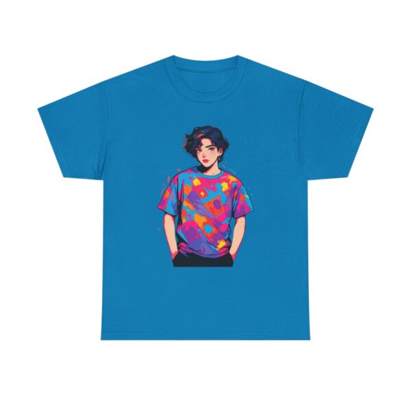 Unisex heavy cotton tee with an illustration of a person wearing a colorful abstract painting design shirt