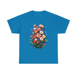 Unisex tee with a flourishing garden design featuring a variety of colorful flowers