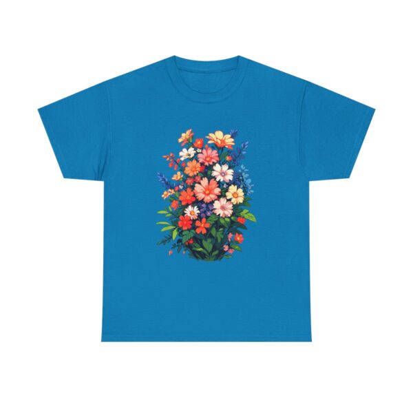 Unisex tee with a flourishing garden design featuring a variety of colorful flowers