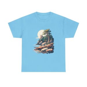 Rocky beach with trees and full moon design on a T-shirt