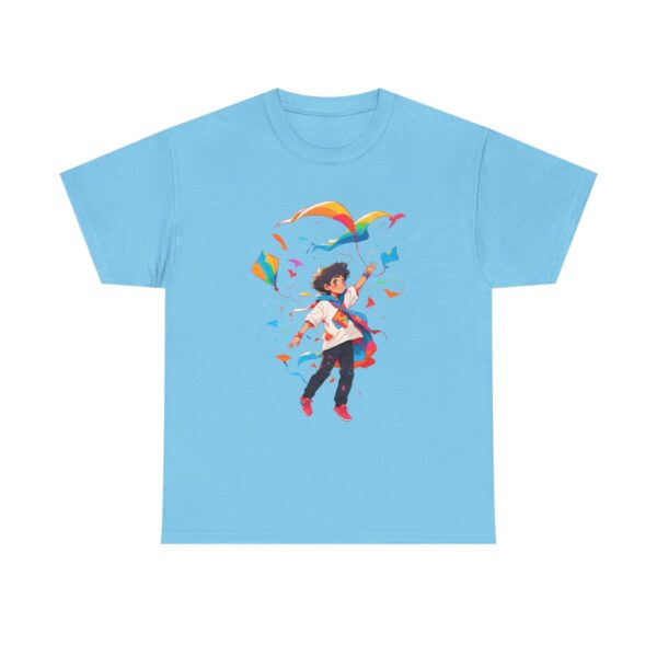 Person flying kites in a colorful design on a T-shirt