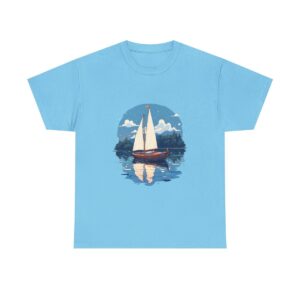 Unisex tee with a boat sailing on a clear lake design