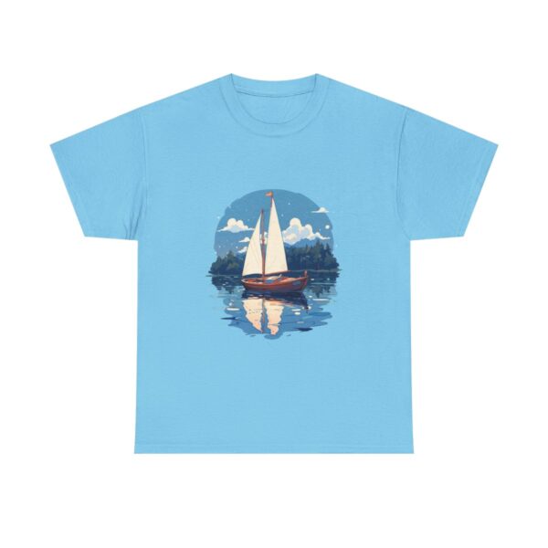 Unisex tee with a boat sailing on a clear lake design