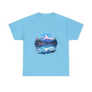 Unisex heavy cotton tee with a crystal clear lake and mountain design