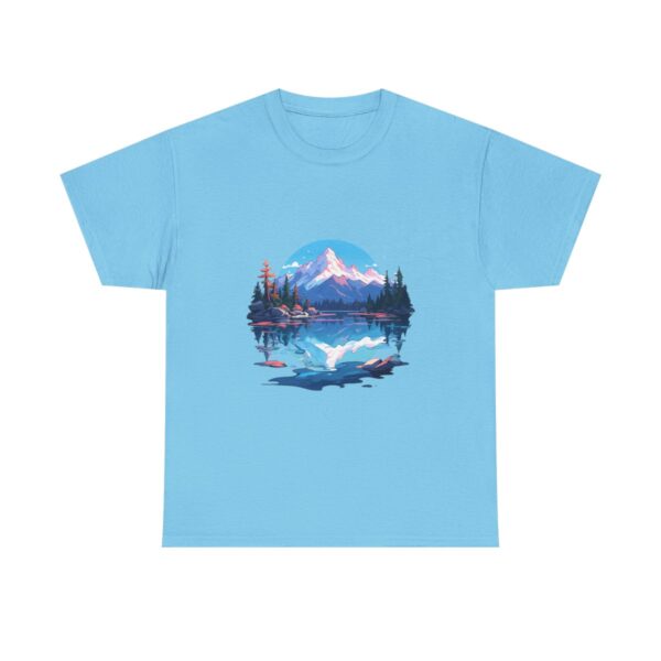 Unisex heavy cotton tee with a crystal clear lake and mountain design