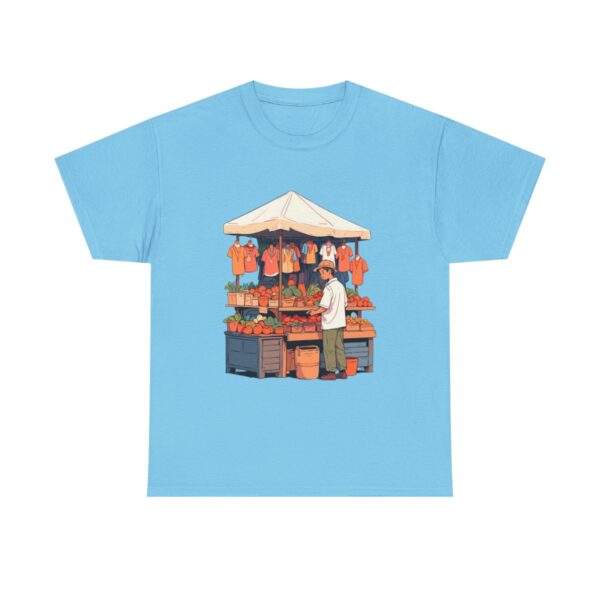 Unisex heavy cotton tee with a bustling marketplace scene