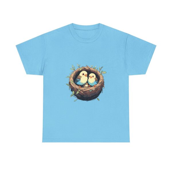 Unisex heavy cotton tee with an illustration of baby birds in a nest