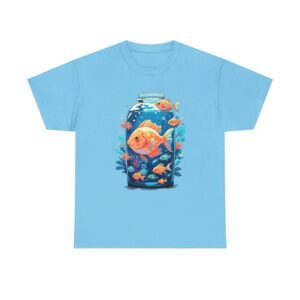 Unisex heavy cotton tee with a variety of tropical fish in an aquarium design