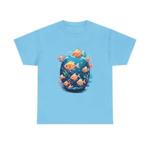 Unisex heavy cotton tee with numerous tropical fish swimming in an aquarium design