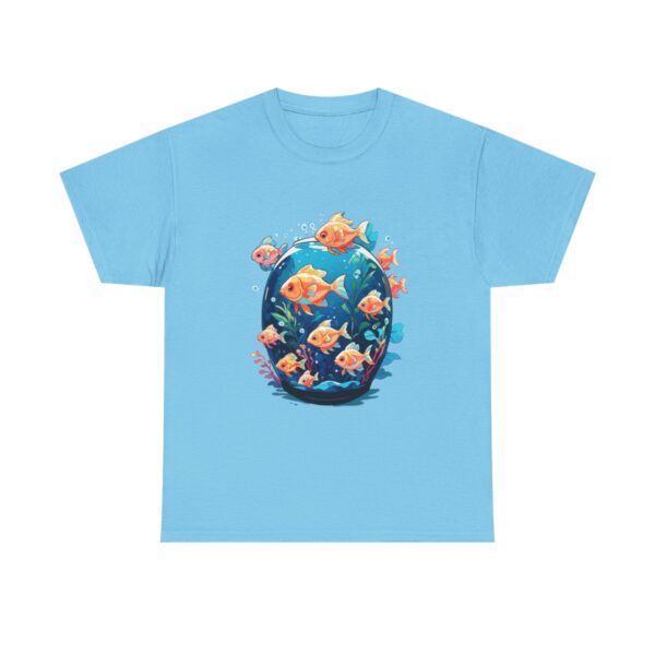 Unisex heavy cotton tee with numerous tropical fish swimming in an aquarium design