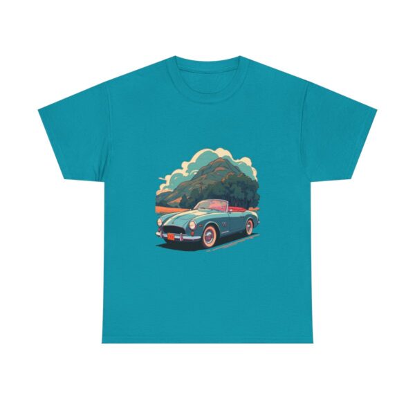 Unisex heavy cotton tee with an illustration of a vintage car in a scenic landscape