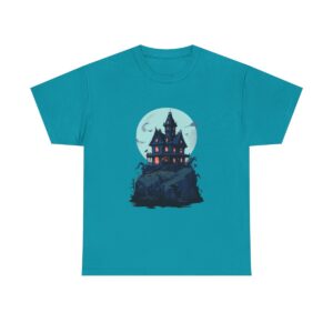 Haunted house on a hill design with a full moon on a T-shirt