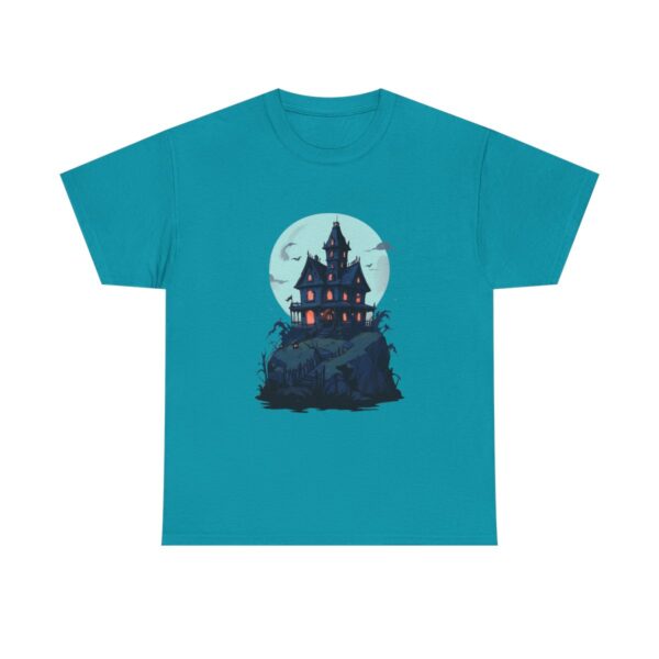 Haunted house on a hill design with a full moon on a T-shirt