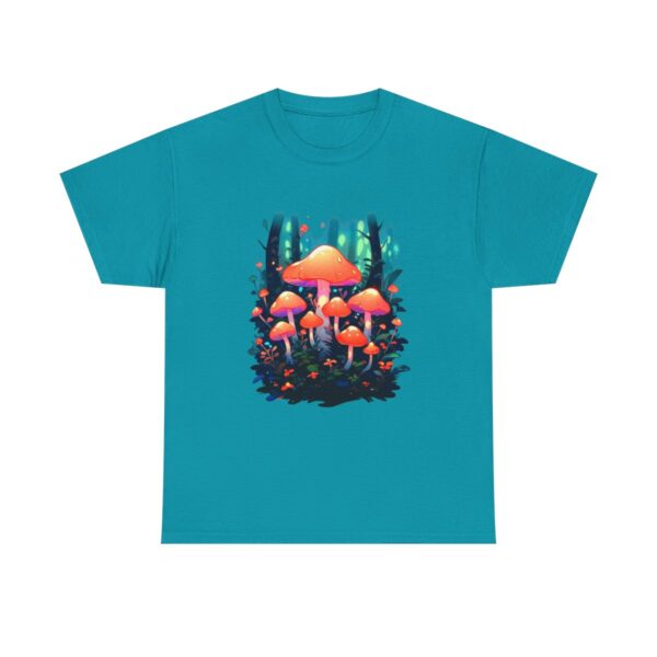 Colorful mushrooms in a forest design on a T-shirt