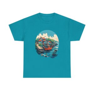 Unisex Tee with a scenic fishing village design