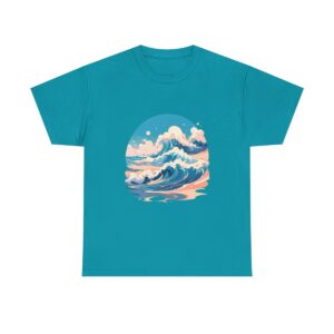 Unisex tee with a beach design featuring ocean waves and a cloudy sky