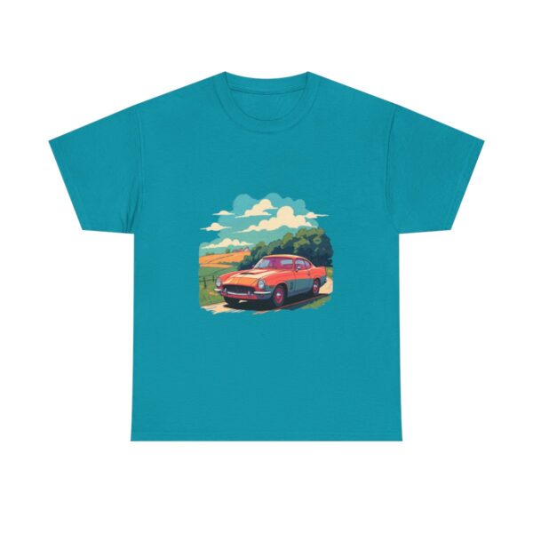 Unisex tee with vintage car design in a countryside setting