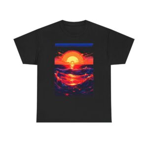 Unisex tee with a vibrant sunset over ocean waves design