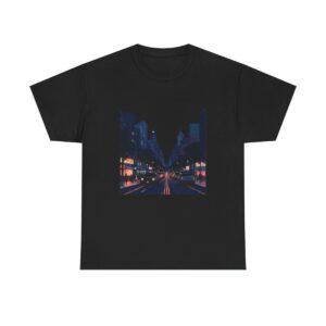 Unisex heavy cotton tee with illuminated city street at night design