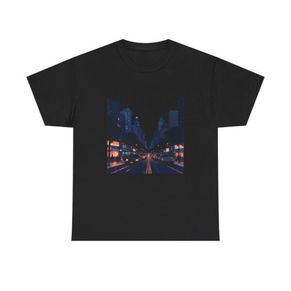 Unisex heavy cotton tee with illuminated city street at night design