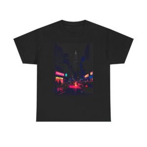 Unisex heavy cotton tee with bustling city street at night design