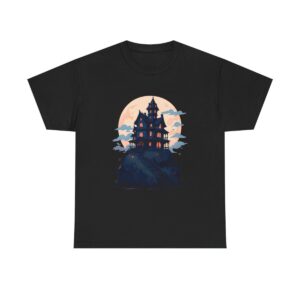 Haunted house design with a full moon on a T-shirt