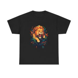 Unisex tee with a fierce lion design featuring a roaring lion amidst colorful foliage