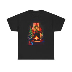 Unisex tee with a Christmas design featuring a decorated tree, fireplace, and wreath