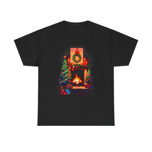 Unisex tee with a Christmas design featuring a decorated tree, fireplace, and wreath