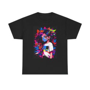 Unisex tee with eyecatching graffiti design featuring a young person