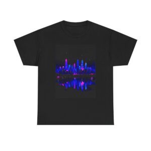 Unisex tee featuring a neon-lit cityscape with reflections on the water