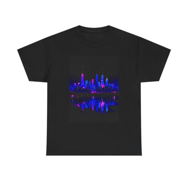 Unisex tee featuring a neon-lit cityscape with reflections on the water