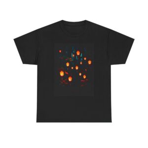 Unisex tee featuring glowing lanterns illuminating a dark night sky