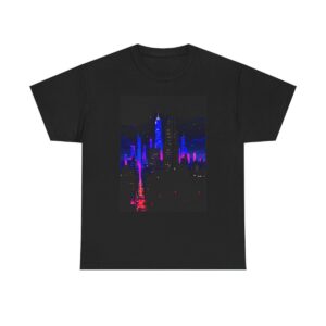 Unisex tee featuring a vibrant cityscape with neon lights and reflections