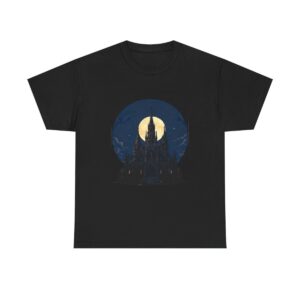 Unisex tee featuring a gothic cathedral illuminated by a full moon with a dark sky