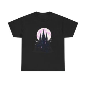 Unisex tee featuring a gothic cathedral with a full moon and flying bats