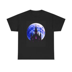 Unisex tee featuring a gothic cathedral with purple windows silhouetted against a vibrant full moon