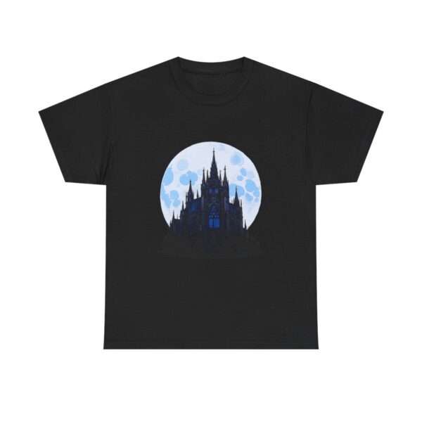 Unisex tee featuring a gothic cathedral silhouetted against a full moon