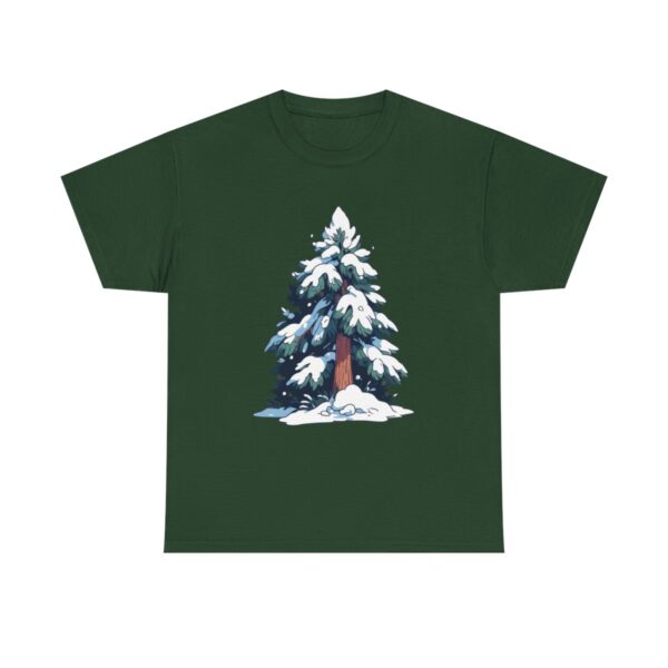 Unisex Tee with a snow-covered pine tree design