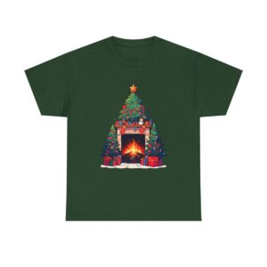 Unisex tee with a Christmas tree design featuring a decorated tree, fireplace, and gifts